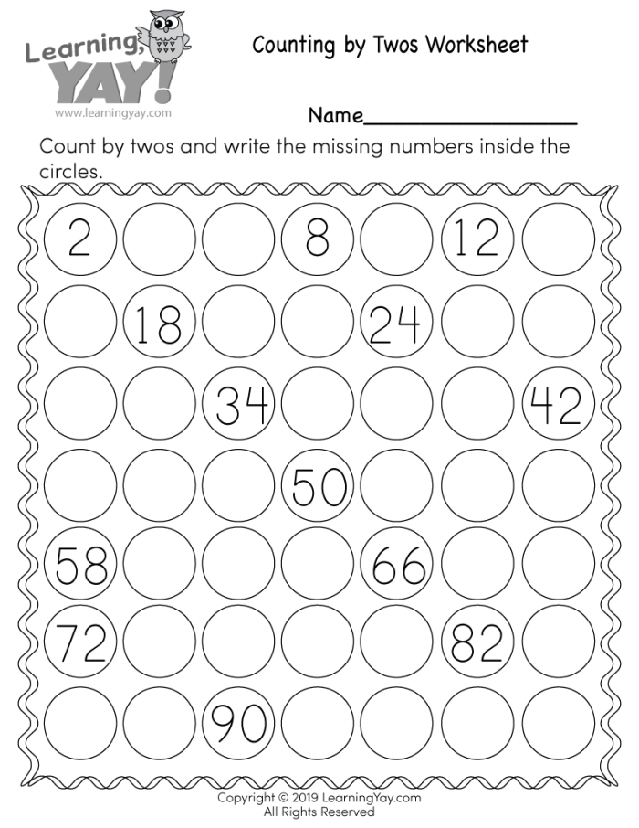 Counting by 2s worksheet for second graders featuring dots to count