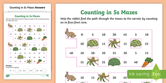 First grade worksheet featuring a maze for counting by 5's