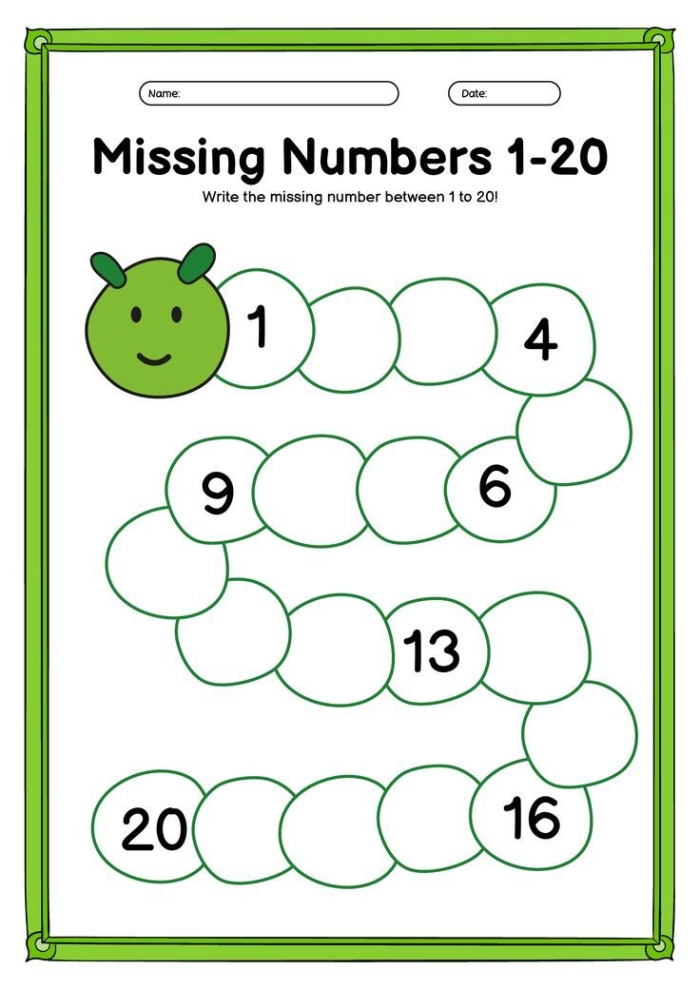 First grade student practicing counting by fives with missing numbers fill-in-the-blank math worksheet exercise 18