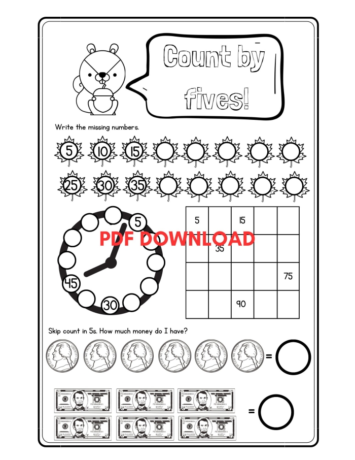 First grade math worksheet for counting by fives up to 100, designed for young learners. Count by Fives Worksheet for First Graders - Skip Counting Activity.