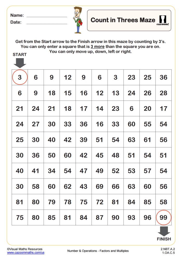 First grade worksheet showing a maze where students count by 5's to find the correct path