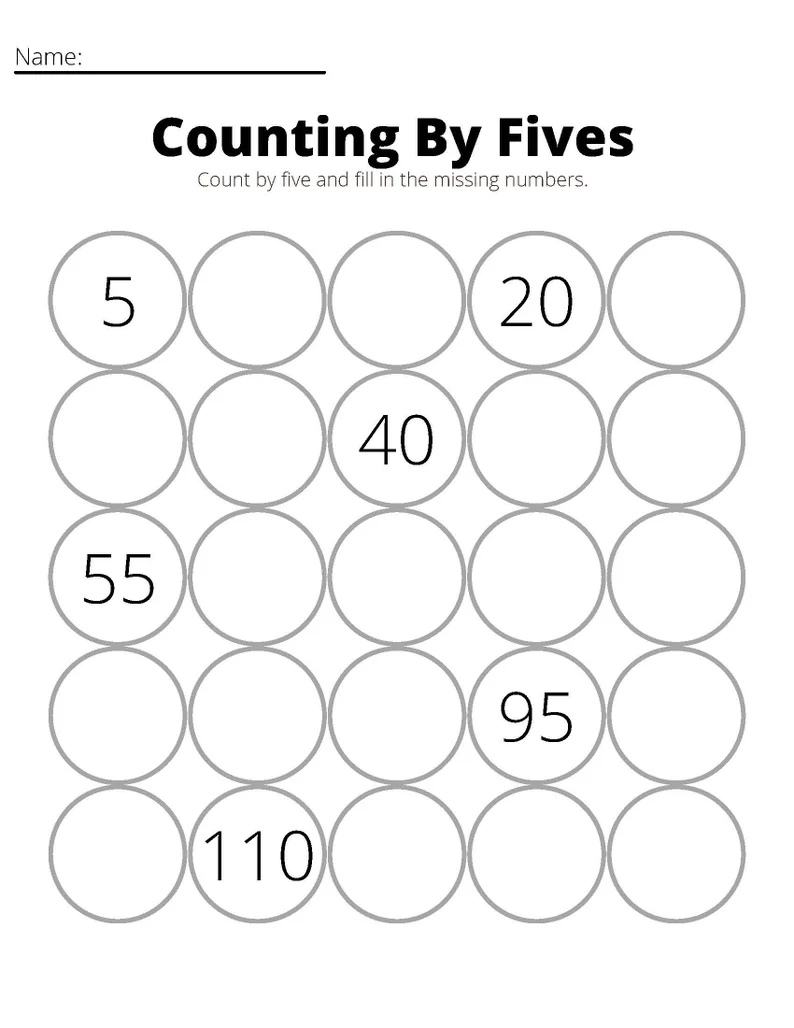 First grade math worksheet showing a counting by fives exercise with blank spaces to fill in missing numbers up to 100