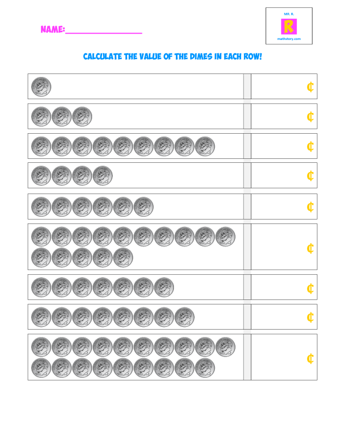 Worksheet for first graders to practice counting by tens using dimes