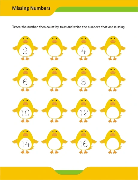 First grade math worksheet showing a number sequence exercise for counting by twos up to 100