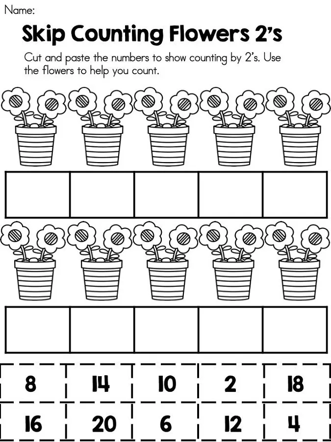 First grade math worksheet showing a counting by twos exercise with missing numbers up to 100