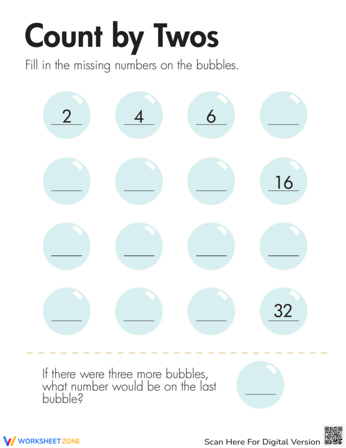 First grade student completing a missing numbers counting by twos worksheet with numbers up to 100