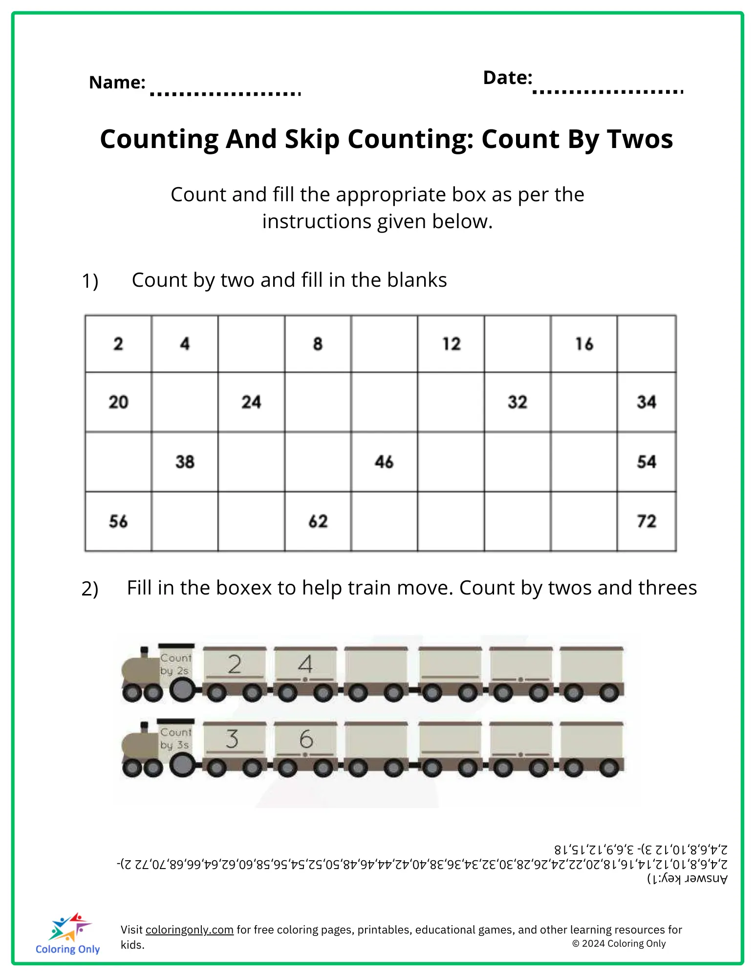 First grade student worksheet for practicing counting by twos up to one hundred