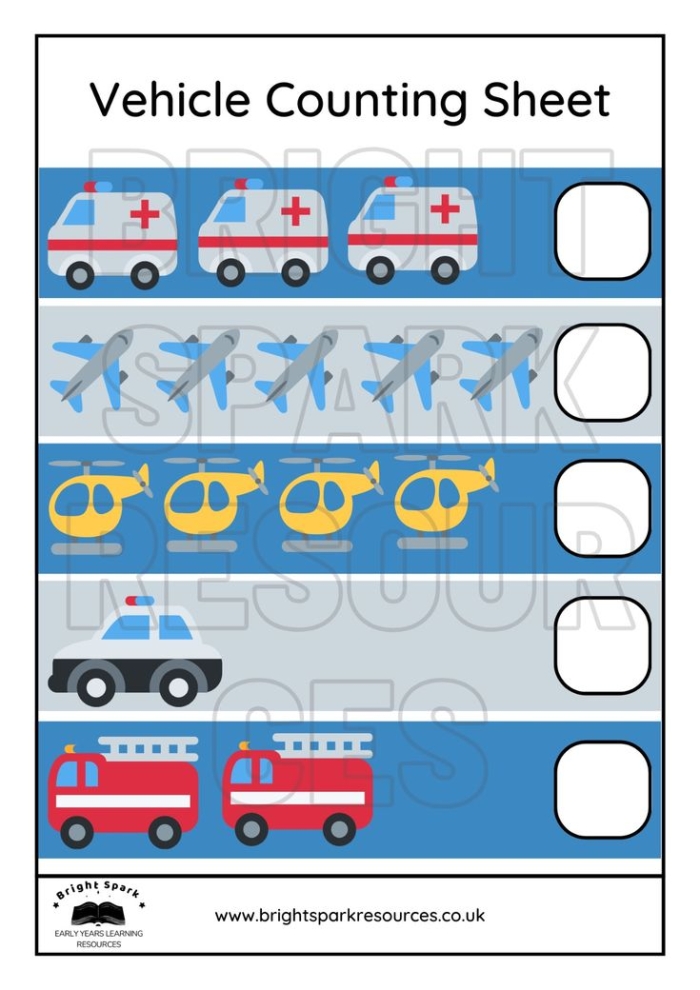 Counting Cars worksheet for kindergarten students to practice their counting skills with groups of cars. Engaging traffic-themed activity to help young learners match numbers to groups of vehicles.