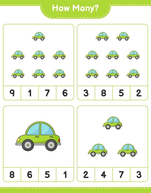 Counting Cars worksheet for kindergarten students to practice counting and matching numbers. Interactive traffic scene designed to engage young learners in measurement activities.