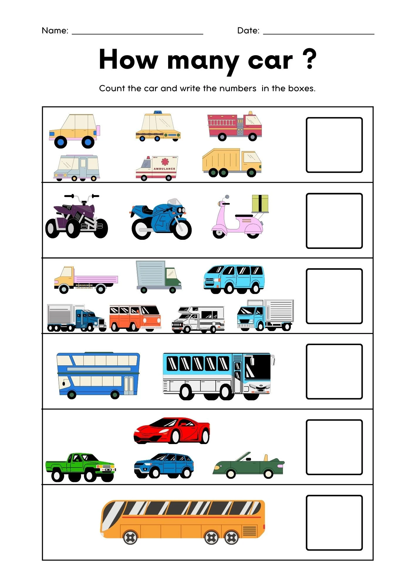 Counting Cars worksheet for kindergarten students to enhance their counting skills
