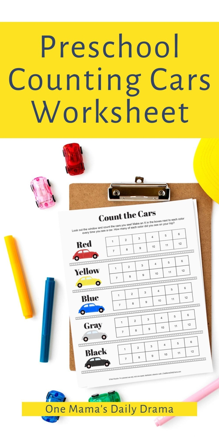Counting Cars worksheet with colorful illustrations for kindergarten learners