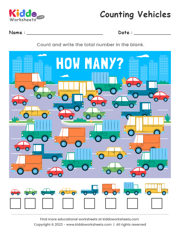 Counting Cars worksheet for kindergarten students to improve their counting skills