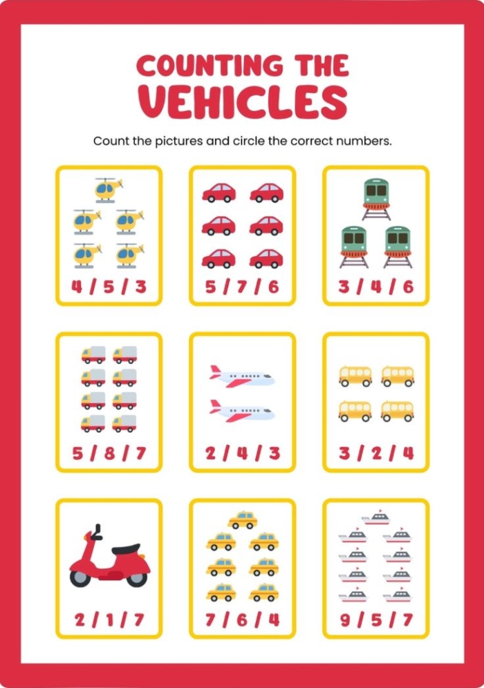 Counting Cars worksheet for kindergarten students to enhance their counting skills