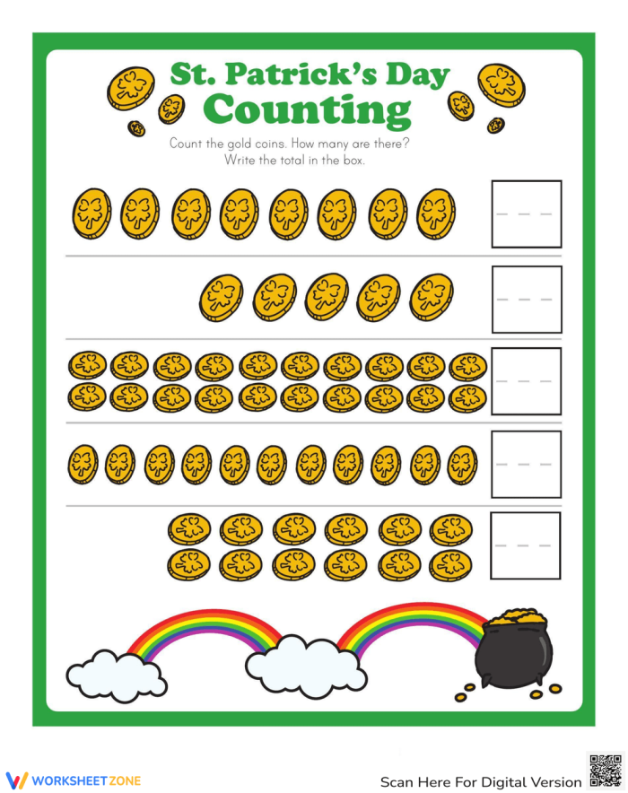 Engaging Count the Gold Coins activity for young learners celebrating St. Patrick's Day Leprechauns counting gold coins on a St. Patrick's Day worksheet for kindergarten