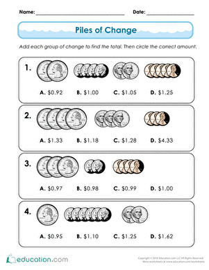 Second grade math worksheet featuring piles of coins for students to count and circle the correct total
