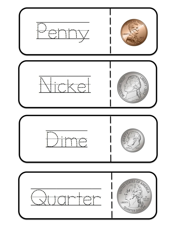 First grade student counting and adding penny, nickel, dime and quarter values on a practice worksheet