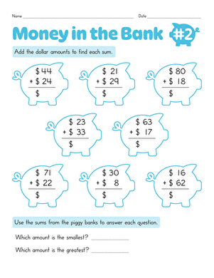 First grade money quiz worksheet featuring counting coins and multiple choice bubbles