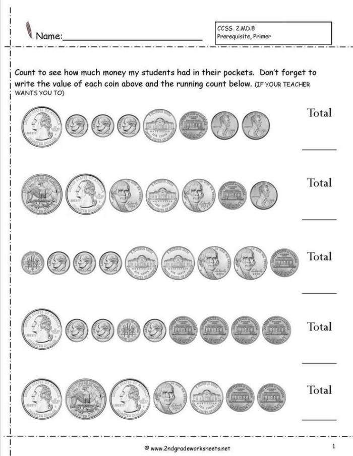 Second grade math worksheet showing various coins that students count and match to the correct money amount