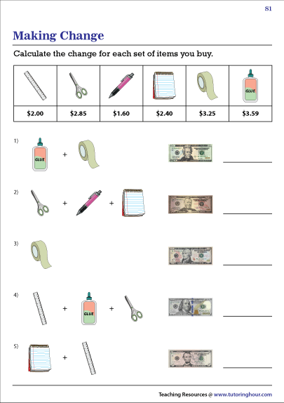 Second grade math worksheet showing collections of coins for students to count and circle the correct total for geography class