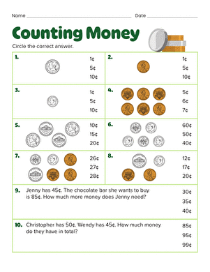 St. Patrick's Day themed money math worksheet for second grade students to practice counting coins