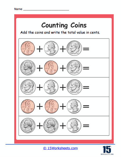 Count How Many Coins There Are worksheet for young learners Colorful worksheet for counting and identifying coins in kindergarten
