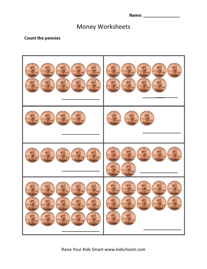 Counting pennies worksheet for kindergarten students learning to count.