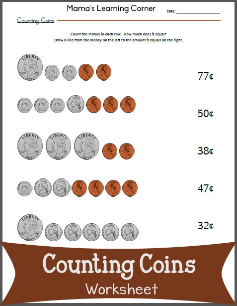 Reading worksheet for Kindergarten Worksheet for counting and identifying different coins like dimes, quarters, pennies, and nickels. Fun counting activity for kindergarten students to enhance their coin recognition skills.