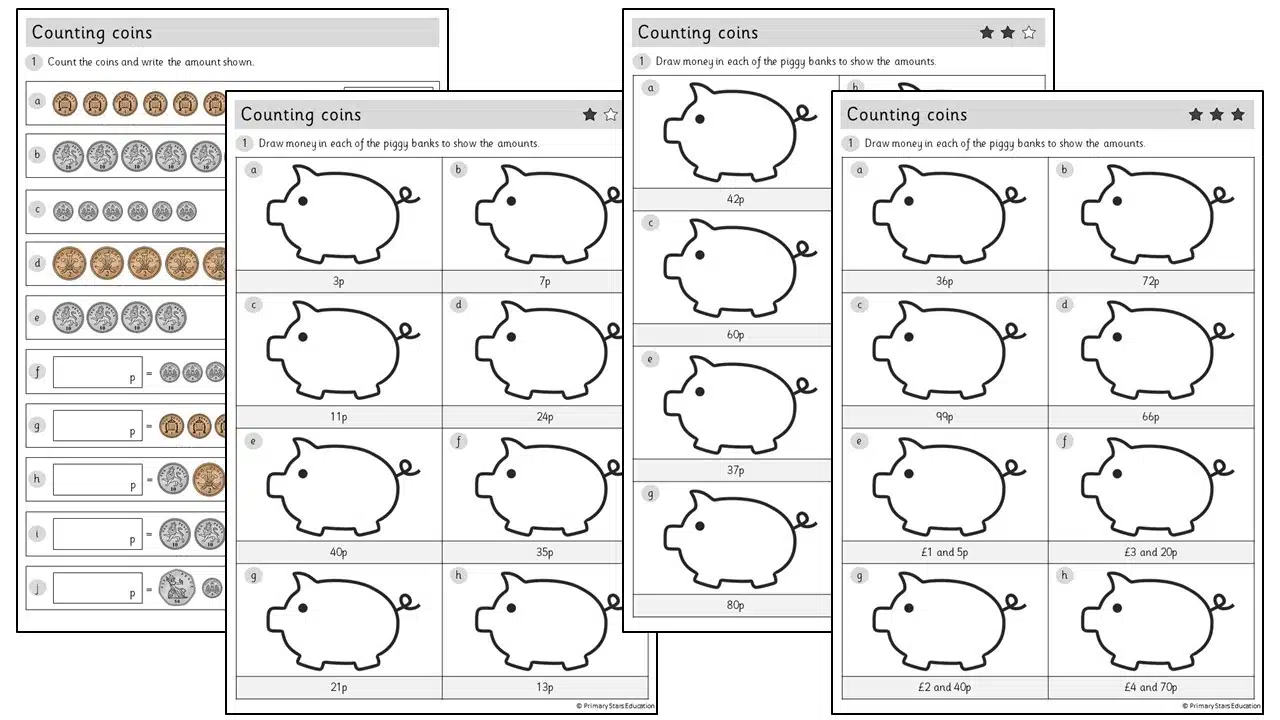 Reading worksheet for Kindergarten Worksheet for counting and identifying various coins like dimes, quarters, pennies, and nickels. Count How Many Coins There Are worksheet for kindergarten students to enhance their coin recognition skills.