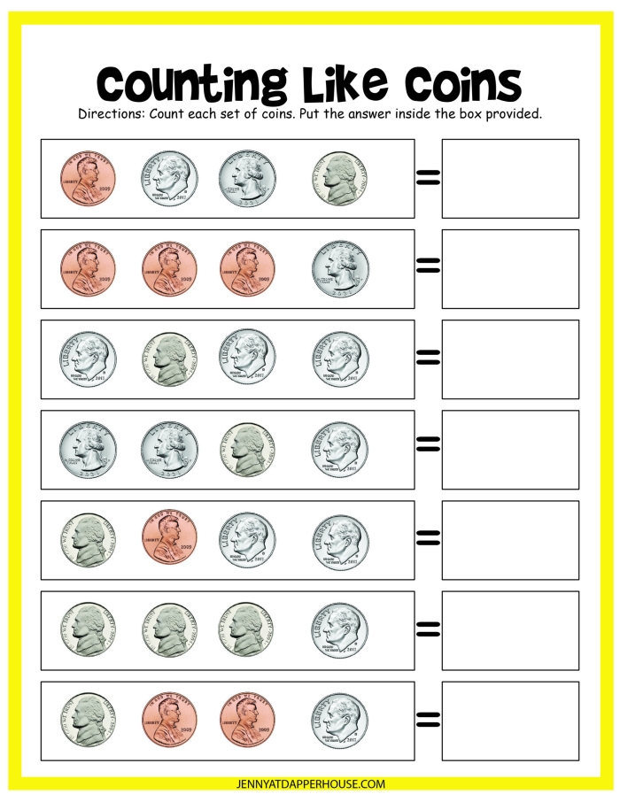 Reading worksheet for Kindergarten A fun worksheet for kindergarteners to count and identify different coins like dimes, quarters, pennies, and nickels. Count How Many Coins There Are worksheet for early learners in reading and math.