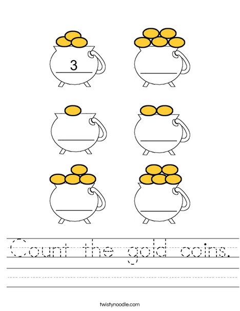 Engaging Count the Gold Coins worksheet for kindergarten math skills Colorful worksheet featuring little leprechauns counting gold coins for St. Patrick's Day fun
