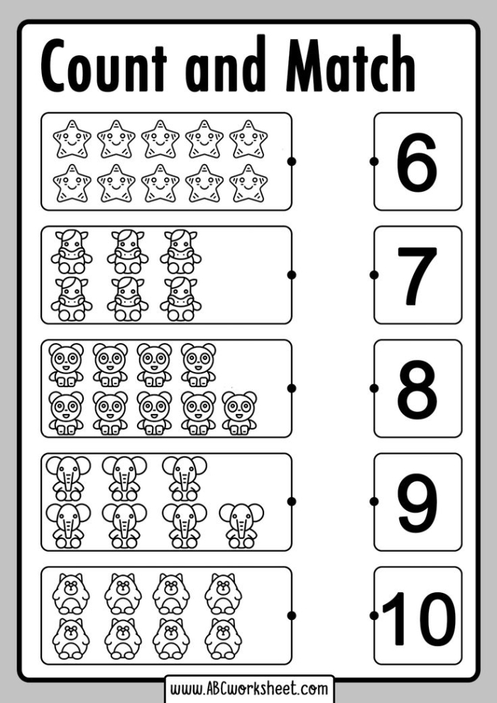 Count 'n Color: The Numbers 5-10 Worksheet for Kindergarten Colorful worksheet for counting and coloring numbers 5 to 10 with stars and objects