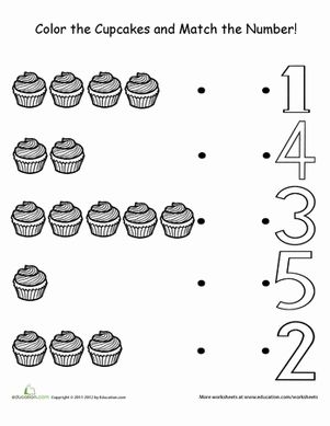 Pre-K worksheet with sweet cupcakes to color and count for addition practice