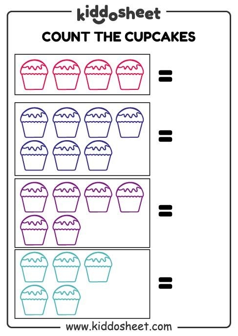 Pre-K addition worksheet featuring illustrated cupcakes to color and count for number matching practice