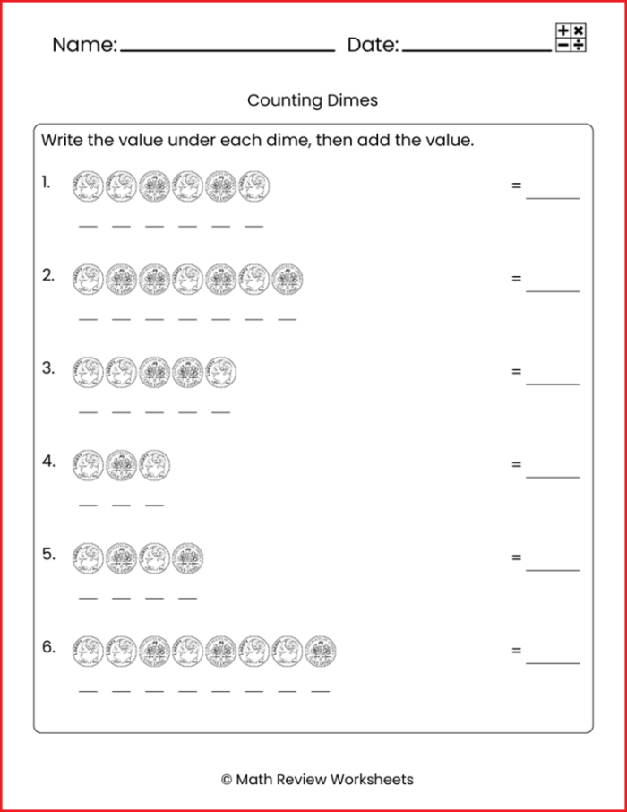 Worksheet for first graders practicing counting by tens using dimes