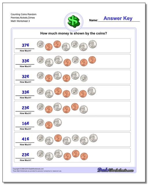 First grade student counting sets of dimes in a math worksheet exercise