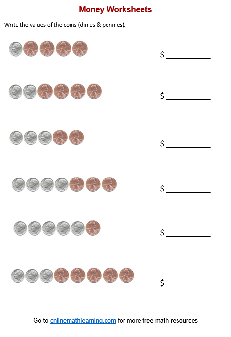 First grade worksheet featuring a variety of dimes to practice counting by tens