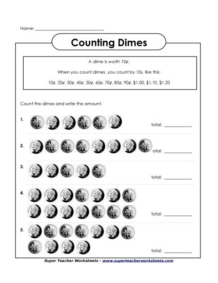 First grade student worksheet for counting money using dimes in sets of ten