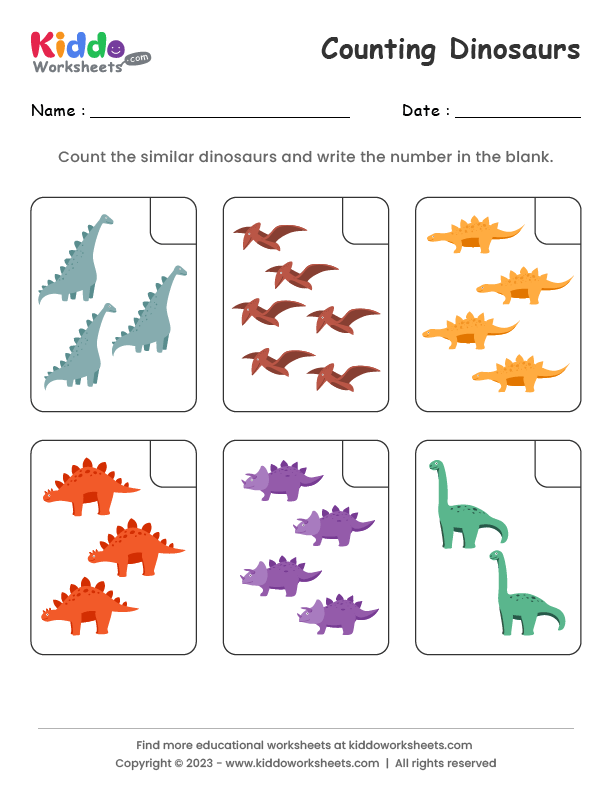 Counting Dinosaurs worksheet image designed to engage young readers in two-digit number practice A colorful Counting Dinosaurs worksheet for Pre-K learners featuring various dinosaurs to count