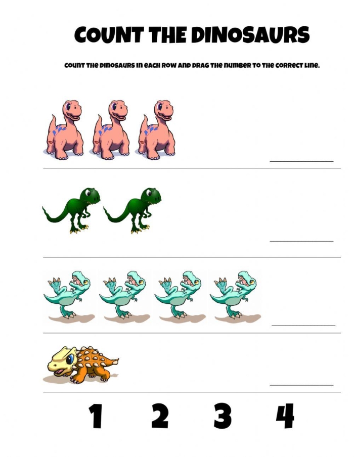 Counting Dinosaurs Worksheet for Pre-K Learners Worksheet featuring various dinosaurs for counting practice