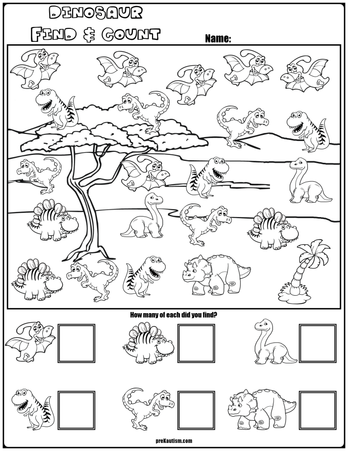 Counting Dinosaurs Worksheet for Early Readers Colorful dinosaurs on a counting worksheet for Pre-K learners