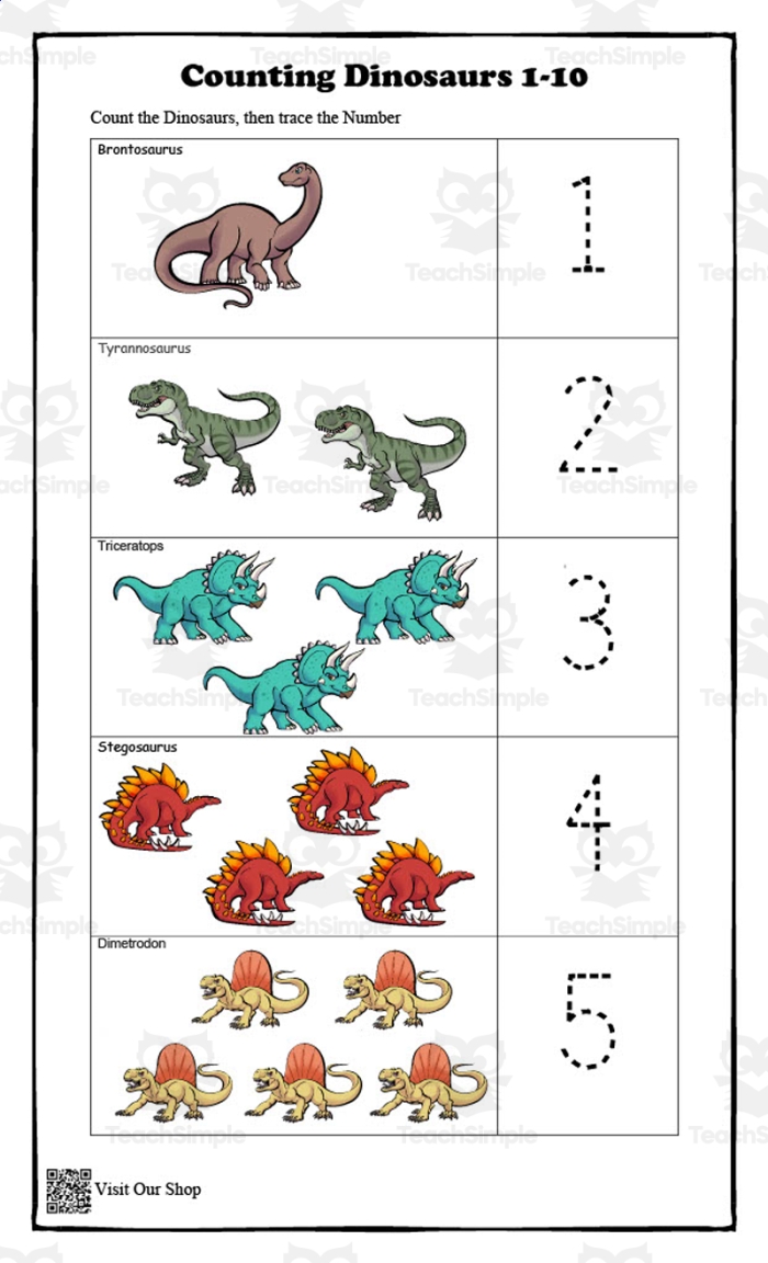 Engaging counting activity for Pre-K learners with colorful dinosaur illustrations Counting Dinosaurs worksheet featuring various dinosaurs for counting practice