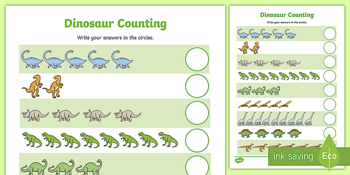 Engaging worksheet for Pre-K learners to practice two-digit counting with dinosaurs Counting Dinosaurs worksheet featuring various dinosaurs for kids to count