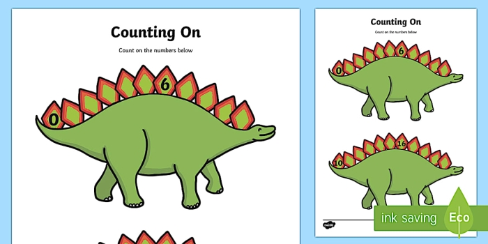 Engaging activity to practice two-digit counting skills with dinosaurs Colorful counting dinosaurs worksheet for Pre-K learners