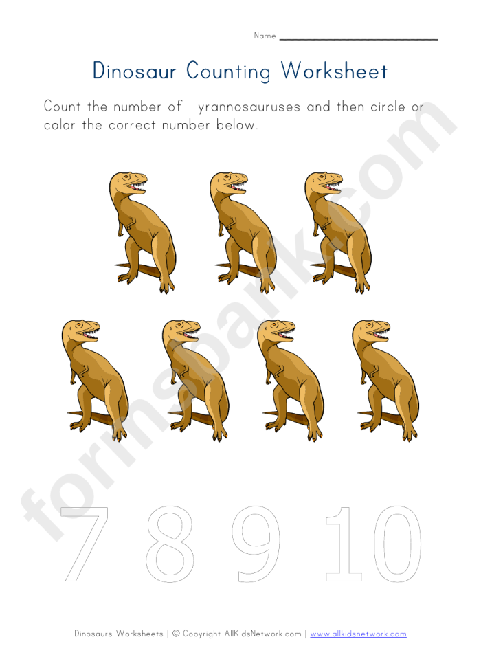 Engaging worksheet to practice counting skills with dinosaurs for Pre-K students Counting Dinosaurs worksheet featuring colorful dinosaur illustrations for preschool learners
