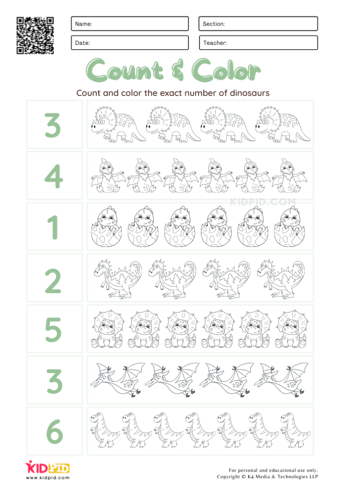 Reading worksheet for Pre-K A colorful Counting Dinosaurs worksheet for Pre-K students featuring various dinosaurs to count. Engaging worksheet for early learners to practice two-digit number counting skills.