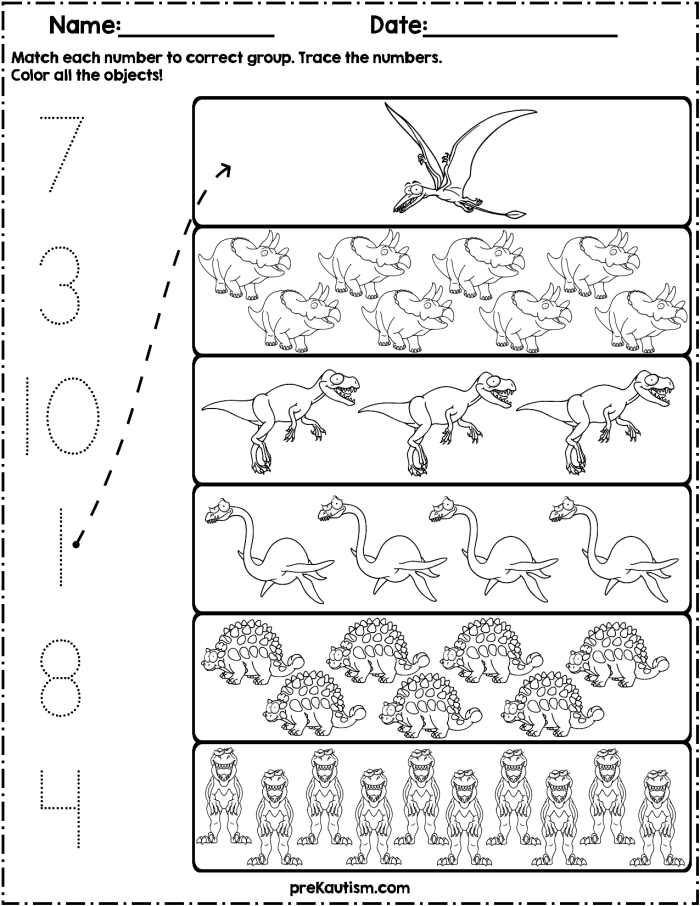 Reading worksheet for Pre-K A colorful Counting Dinosaurs worksheet designed for Pre-K learners to practice two-digit numbers. Engaging dinosaur illustrations help children enhance their counting skills.