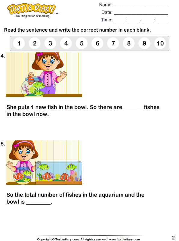 Preschoolers counting colorful fish on an addition worksheet number seven