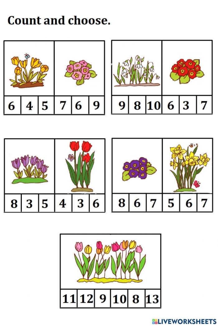 Pre-K students count and color flowers while learning positional words on worksheet 10