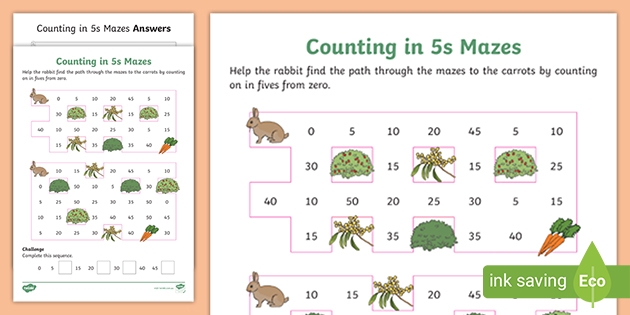 First grade worksheet featuring a maze where students count by 5's to find the correct path. Count by 5's and navigate through the maze with this engaging activity for first graders.