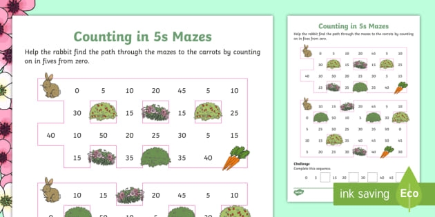 First grade worksheet for counting by 5's through a maze activity